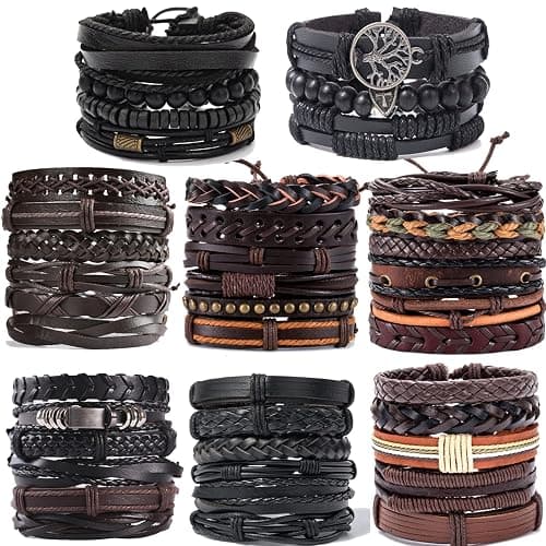 SONNYX 44 Pcs Braided Leather Bracelets for Men Women Woven Cuff Wrap Bracelets Hemp Cords Wood Beads Ethnic Tribal Bracelets Adjustable Leather Wristbands - Image 1