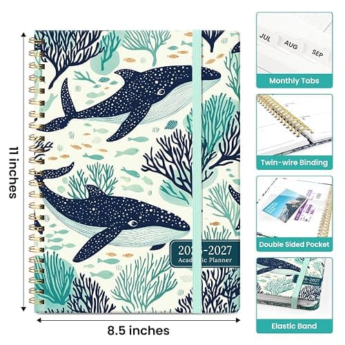 Taja Planner 2026-2027, Jul 2026-Jun 2027 Monthly & Weekly Calendar Planner | 8.5" x 11", Hardcover Academic Calendar, Teacher Student Agenda Book with Tabs, School Office Supplies, Drifting Whales thumbnail 3