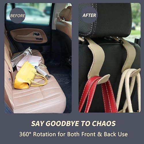 Amooca Car Seat Headrest Hook Universal Vehicle Storage Hanger Leather with Metal Car Seat Back Organizer for Handbag Purse Coat Beige 2 Pack thumbnail 5