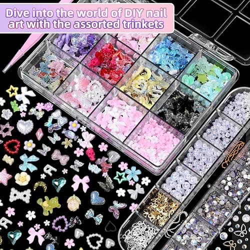 3D Nail Charms Set, Color Flower Bow Moon Heart Star Nail Art Charms, Half Round Pearl & Flatback Gems AB, Hollow Butterfly Alloy Nail Art Supplies DIY Accessories thumbnail 6