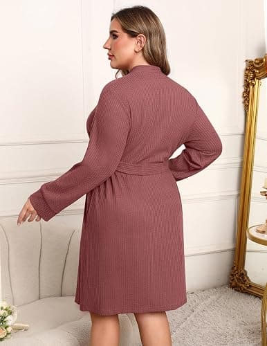 Ekouaer Women's Plus Size Robe Waffle Knit Bathrobe Short Lightweight Kimono Robes with Pockets Maternity Robe 1x-5x thumbnail 5