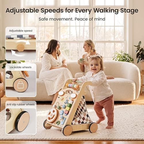 GROWNSY Wooden Baby Walker with Wheels, 3-in-1 Sit-to-Stand Push Walker | Adjustable Speed, Montessori Baby Walker with 7-in-1 Removable Activity Panel, First Birthday Gifts for Boys & Girls thumbnail 7
