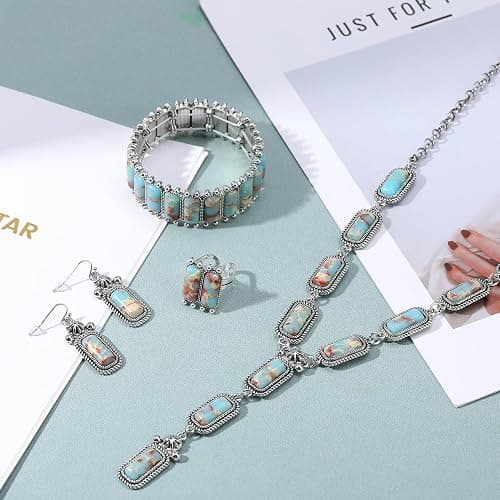 JMScape 4 PCS Western Turquoise Jewelry for Women Boho Vintage Navajo Pearl Necklace Earring Bracelet Ring Set Country Cowgirl Accessories for Gift | Jewelry, 4 PCS, Vintage, Boho, Country, Accessories, for Gift thumbnail 3