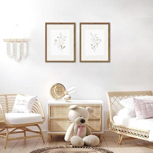 Neutral Wildflower Wall Art Set of 2, Vintage Flower Botanical Wall Decor Painting, Rustic Cottagecore Striped Floral Prints Pictures for Living Room Bedroom 12x16 Inch Framed thumbnail 2