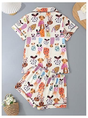 WDIRARA Women's Two Piece Animal Print Short Sleeve Button Shirt and Elastic Waist Shorts Pajama Set thumbnail 2
