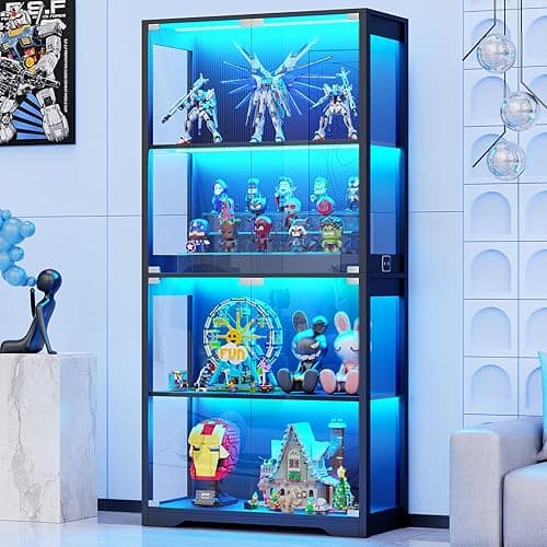 BROTTAR Display Cabinet with Glass Doors, 4-Tier Curio Cabinet with 3 Color Lights for Collectibles, Glass Display Case with Human Body Sensor, Bookcase with 4 Shelves, Storage Cabinets, Black - Image 1