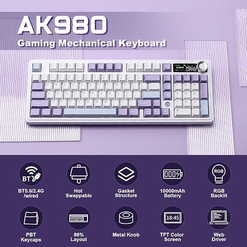 MIKIBY AJAZZ AK980 Mechanical Keyboard, Creamy & Thocky with Smart Display & Knob, 98% Wireless Tri-Mode BT/2.4G/USB-C, Hot Swappable, RGB Light for Win & Mac (Purple, Murad Switch) thumbnail 2