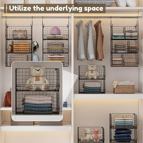 Jautokerdar 4 Tier Hanging Closet Organizer with Dividers,Extra Large Storage Hanging Shelf with 5 S Hooks 4 Dividers,Hang on Wire Closet Shelving Clothes Organizer-Black thumbnail 8