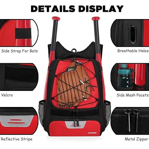 Goloni | Baseball Backpack,Baseball Bag for Adult,Softball Bat Bag with Shoes Compartment,Large Main Compartment for Helmet & accessories, Fence Hook thumbnail 2