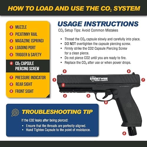 Streetwise Heat .50 Caliber Defense Launcher, Kinetic Impact Ball Gun - Personal Protection Pistol Includes 10 Rubber Balls, 10 Quicksilver Metal Composite Rounds, & 2 CO2 Canisters thumbnail 8
