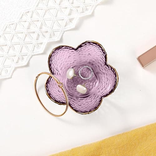 Purple Flower Jewelry Dish Glass Ring Holder Dish Jewelry Tray Cute Vanity Organizer Aesthetic Nightstand Bathroom Room Decor Trinket Dish Valentine's Friendship Christmas Birthday Gifts for Women thumbnail 6