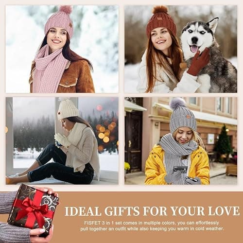 Winter Beanie Hat Scarf Gloves Set for Women, Womens Beanie with Pom Pom Long Scarf Neck Warmer Touchscreen Gloves 3 in 1 Set thumbnail 6