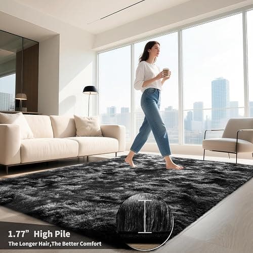 HQAYW 4x6 Black Grey Area Rugs for Living Room, Ultra Soft Fluffy Tie-Dyed Washable Non-Slip Rug, Plush Shaggy Modern Carpet for Kids Girls and Boys Dorms Nursery Bedroom Home Decor thumbnail 5