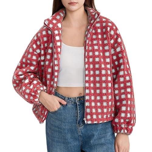 Oymyakon Women Checkered Sherpa Jacket Cropped Long Sleeve Fuzzy Plaid Fleece Coats Casual Zip Up Gingham Outwear thumbnail 4