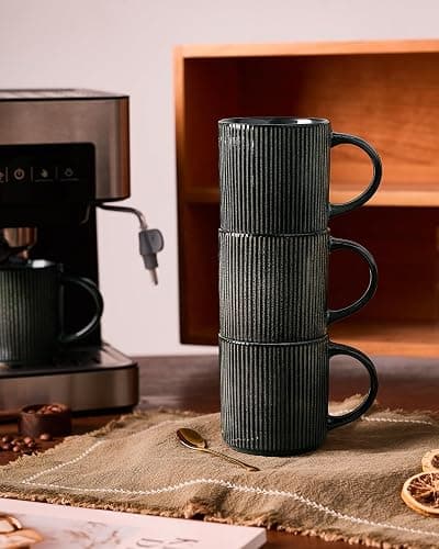 famiware Coffee Mug Set for 6, Star 12 oz Catering Mugs Cup Set with Handle for Coffee, Tea, Cocoa, Milk - Ceramic Stoneware Drinkware Set, Deep Forest thumbnail 7