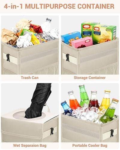 Capolo Car Trash Can with Lid, Leakproof Car Garbage Can Car Trash Bag | Waterproof, Trash Can for Car, 3 Mesh Pockets, Mini Hanging Vehicle Car Trash Bin, for Back/Front Seat (Beige,2.5 Gal) thumbnail 5