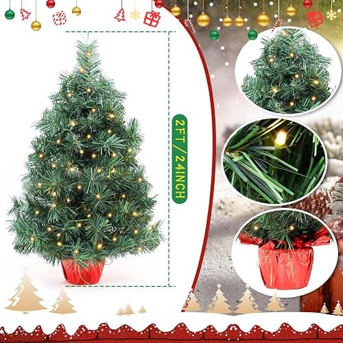 Santanelo 2ft Pre-lit Artificial Mini Christmas Tree,Small Xmas Pine Tree with 50 Lights, Tabletop Christmas Tree Battery Operated Green Xmas Tree for Tabletop thumbnail 3