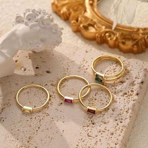 KOHOTA Gold Silver Birthstone Rings for Women Non Tarnish Dainty Rings | Engagement Wedding Promise Rings, Baguette Emerald Green CZ Gemstone Ring, Birthday Jewelry Gifts Size 6-10 thumbnail 6
