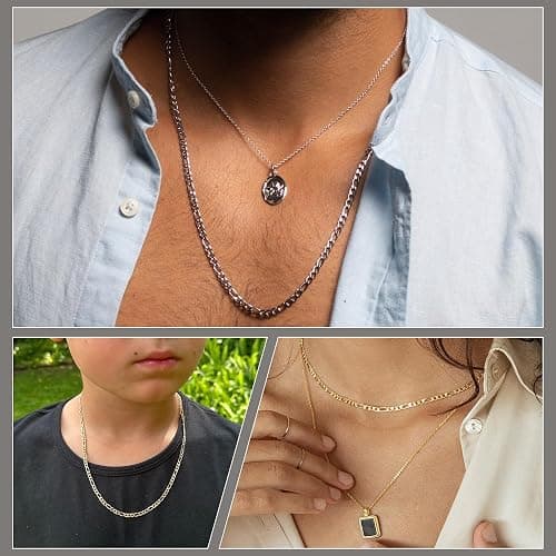 SANNYRA Figaro Chain for Men, Mens Chains Necklaces, Stainless Steel 2-8.5mm 12-36inches 18K Gold Plated Silver Plated Necklace for Women thumbnail 6