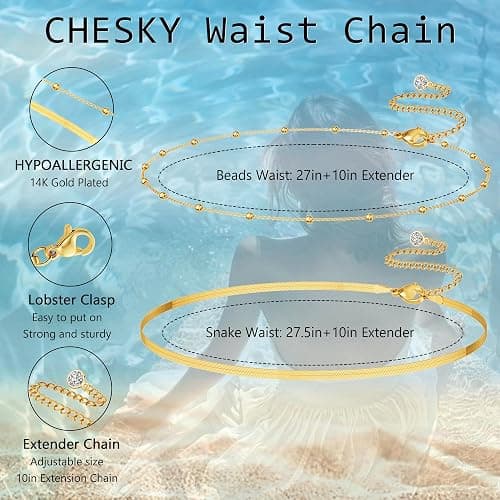 CHESKY 14K Gold Plated Silver Plated Waist Chain for Women, Layered Belly Belt Chains Beach Waist Beads Chain Waterproof Snake Cuban Body Chain Summer Jewelry Accessories for Women thumbnail 6
