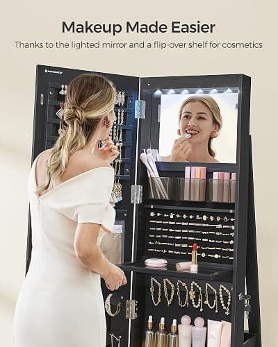 SONGMICS LED Jewelry Cabinet Standing, Lockable Armoire With Full-Length Mirror and Adjustable Lights, Space-Saving Organizer, Christmas Gifts for Women, Gift Idea, Ink Black UJJC008B01 thumbnail 7