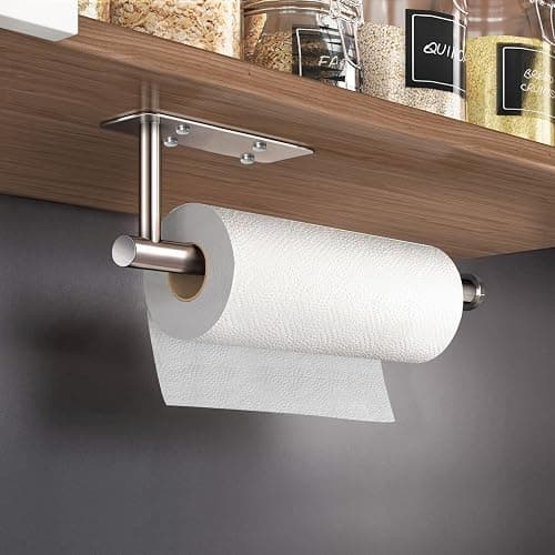 VAEHOLD Self Adhesive Paper Towel Holder Under Cabinet Mount, Wall Mounted Paper Towel Roll Holder with Damping Effect for Kitchen, Bathroom, Wall - SUS304 Stainless Steel (Brushed Silver) thumbnail 2