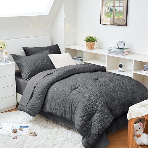HYMOKEGE Twin XL Comforter Set Seersucker 5 Pieces, All Season Luxury Bed in a Bag for Bedroom, Bedding Set with Comforter, Sheet, Pillowcase & Sham, Dark Grey - Image 1