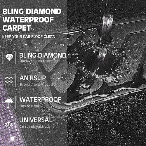 CAR PASS Bling Diamond Leather Steering Wheel Cover 14.5in-15in Floor Mats Shining Rhinestone Carpet Sparkly Glitter Crystal Anti-Slip Pad Fit Automotive SUV Pickup Truck Girl Women, 5pcs Black Purple thumbnail 7