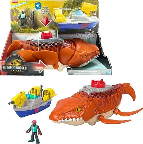 Fisher-Price Imaginext Jurassic World Rebirth Aquachomp Chase Mosasaurus 18-inch Dinosaur Toy with 3-inch Action Figure, Launcher Boat & 2 Projectiles - Image 1
