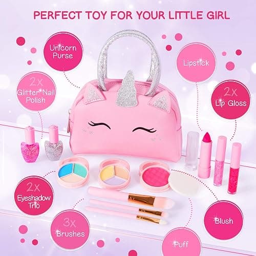 Kids Real Makeup Kit with Pink Unicorn Purse, Non Toxic Washable Make Up Set - Unicorn Toys for Girls Age 4-6, 5 Year Old Girl Birthday Gift Ideas, Toddler Little Girl Gifts 3 4 5 6 7 8 9 10 Years Old thumbnail 3