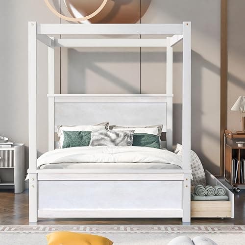 CITYLIGHT Canopy Bed Full Size with Drawers for Storage, Solid Wood Platform Bed with Headboard and 4 Poster, Brushed White thumbnail 3