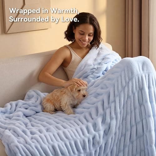 Smoofy Light Blue Fluffy Blanket for Couch - Luxury Faux Rabbit Fur 60"x80" | Ultra Soft & Plush Comfort Ruched Blanket, Cozy Fuzzy Fleece Throw for Sofa, Bed & Office, Gift for Women, Blue Room Decor thumbnail 5