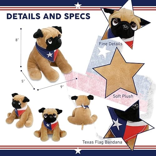 DolliBu Pug Dog Stuffed Animal with Texas Flag Bandana and Name Personalization - Super Soft Texan Pug Dog Patriotic Plush Toy - 8 Inches thumbnail 3
