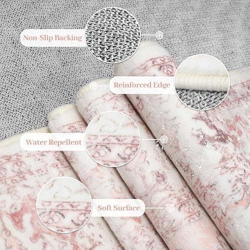 LIVEBOX Area Rug Pink 4x6 - Oriental Floral Bedroom Rug Vintage Low-Pile Indoor Rugs for Kids Room, Non-Shedding Retro Carpet, Accent Rugs for Kitchen Entryway Office Camper Pink thumbnail 4