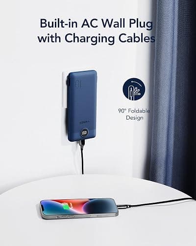 VEGER Portable Charger with Built-in AC Plug and Cables, All in One 10000mAh Ultra Slim Power Bank Travel Essentials, 15W Fast Charging Battery Pack Compatible with iPhone, Samsung, Android (Navy) thumbnail 3