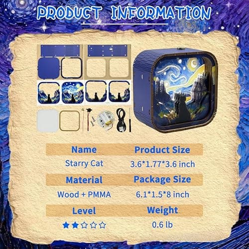 3D Wooden Puzzle Night Light DIY LED Art Lamp Kit for Adults Desk Decor Relaxing Craft Project Table Ornament and Unique Gift (Starry Cat) thumbnail 6