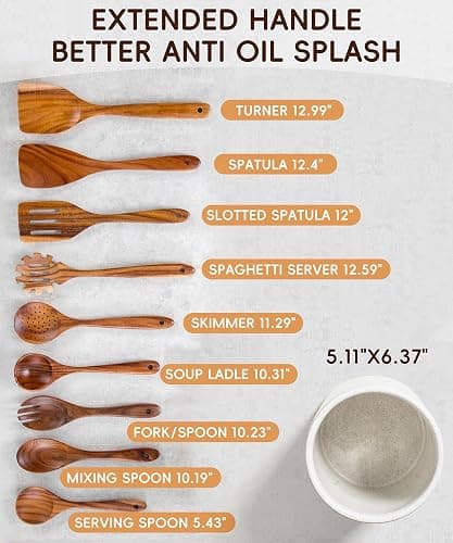 Nucookery Wooden Cooking Utensils Set with Holder, Teak Wood Utensils, Ceramic Holder for Countertop with Protection Cork Bottom, Nonstick Spoons, Cooking Spatula Set, 10 Pcs Kitchen Decor, (Sand) - Wood 10pcs - Sand (wood ) thumbnail 5
