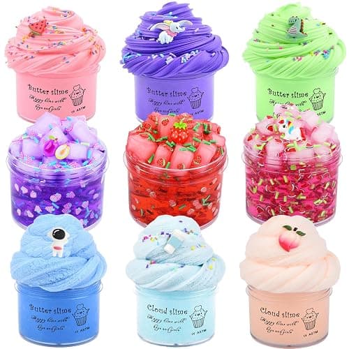 9 Pack Slime Kit - 3 Jelly Cube Crunchy, 3 Cloud, 3 Butter Slime - Soft Stretchy for Stress Relief, Birthday Gift, Kids Party Favors - Boys and Girls Toy - Image 1