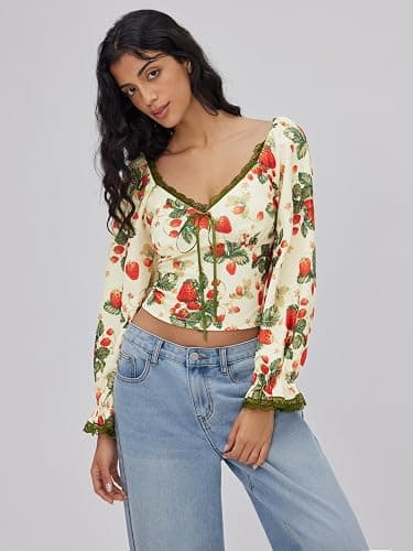 CIDER Women's Cute Crop Tops Strawberry Long Sleeve Tops Lace Trim V Neck Shirts Casual Spring Fall Outfits Y2K thumbnail 3