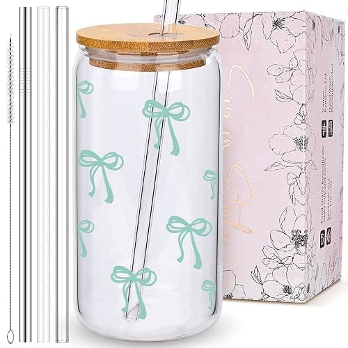 BIPEDS Coquette Cute Sage Green Bow Glass Cups with Lids and Straws, Aesthetic Iced Coffee Cup Girly Preppy Tumbler Mug, Christmas Valentines Birthday Gifts for Women, Teen Girl Gifts Trendy Stuff - Image 1