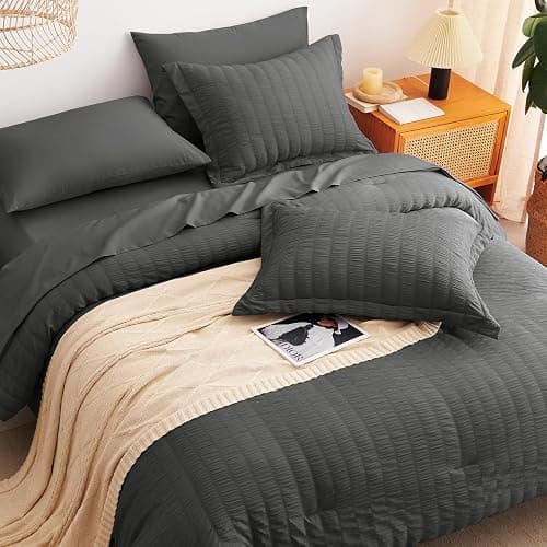 CozyLux Full Size Comforter Sets with Sheets Seersucker 7 Pieces Dark Grey Bed in a Bag Textured Luxury Soft Bedding Set with Down Alternative Comforter, Sheets, Pillowcases & Shams for All Seasons thumbnail 5