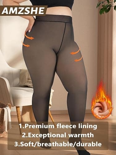 Amzshe Plus Size Fleece Lined Tights for Women, Fake Translucent Warm Winter Leggings, Control Top Thermal Tights thumbnail 2