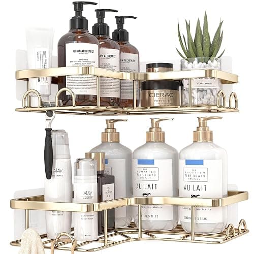Kitsure Corner Shower Caddy, Rustproof Bathroom Shelves, Large, Gold | 2 Pack Corner Shower Shelf with 4 Hooks, Drill-Free Adhesive Mount, Large Capacity Bathroom Storage, Quick Drain & Durable thumbnail 3