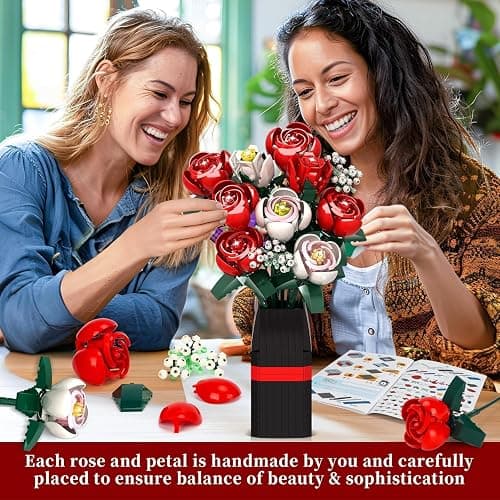 Roses Flower Bouquet Building Kit, 841PCS Red Roses Artificial Flowers with Vase, Botanical Collection Forever Rose Toy for Adults, Kids, DIY Gifts for Women, Her, Him Anniversaries thumbnail 2