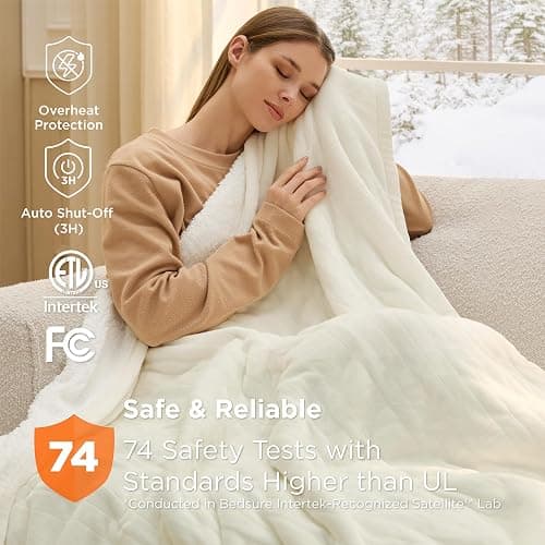Bedsure Heated Blanket Throw Blanket - Fast Heating Electric Blanket, Soft Flannel Heated Throw with 4 Time Settings, 6 Heating Settings, Warm Gifts for Grandma (50x60 inches, Ivory) thumbnail 7