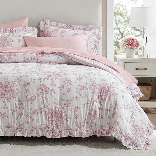 Madison Park Essentials Adele Pink Floral Queen Size Comforter Set – Vintage Bed in a Bag with Sheets, Reversible Ruffle Bedding, Elegant Gift for Her - Image 1