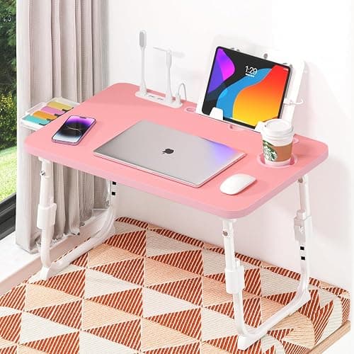 DECOSIS Bed Desk Height Adjustable, Bed Laptop Table with USB/Storage Drawer/Cup Holder/Tablet Stand/Book Shelf, Foldable Breakfast Tray Portable for Reading Writing, Bed, Sofa & Floor, Wood, Pink thumbnail 9