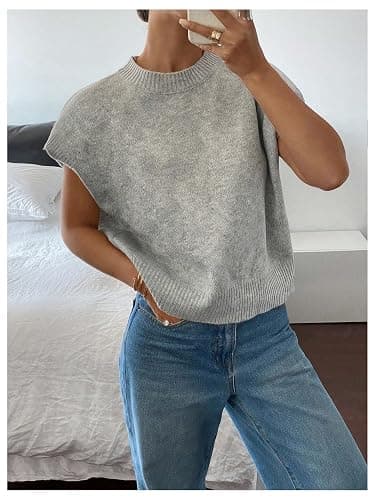 SOLY HUX Women's Ribbed Sweater Crew Neck Short Sleeve Loose Fit Floral Knit Pullover Tops thumbnail 3