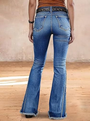 Flamingals Flare Leg Jeans for Women Mid Waist Wash Stretch Raw Hem Bell Bottom Bootcut Denim Jeans thumbnail 5