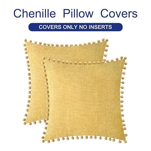 CaliTime Throw Pillow Covers Decorative 20 X 20 Inches Pack of 2 Cozy Solid Dyed Soft Chenille Cushion Cases with Pom Poms for Couch Sofa Bed Living Room Home Gold thumbnail 6